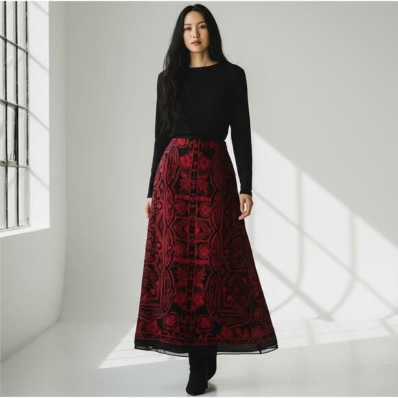 100% Silk Gothic Black and Red Damask Brocade Jacquard Maxi Skirt - Picture 1 of 9